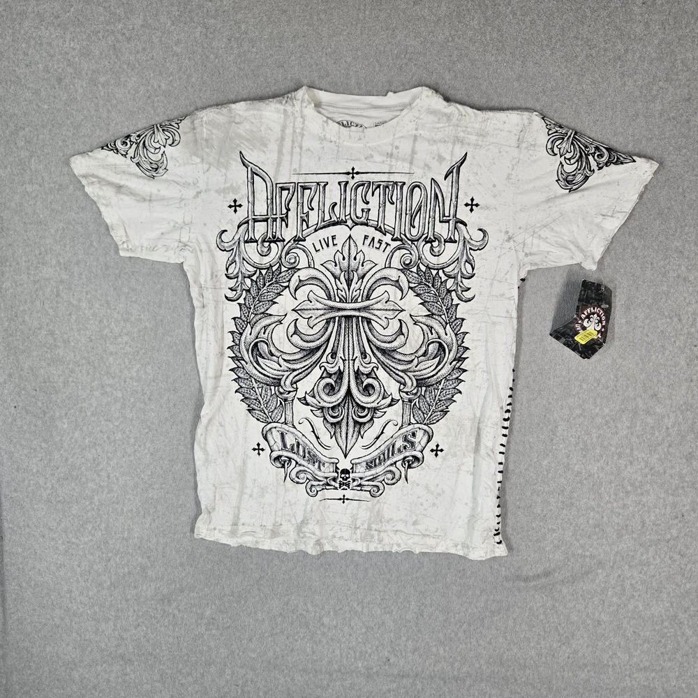 Affliction Men Shirt L White Grunge Y2K MMA Graphic Cross Fleur Skater NWT